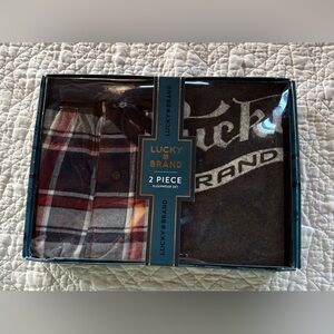 Lucky Brand Men's 2-Pc Soft Jersey & Plaid Flannel Pant PJ Set MEDIUM Gray/Blue